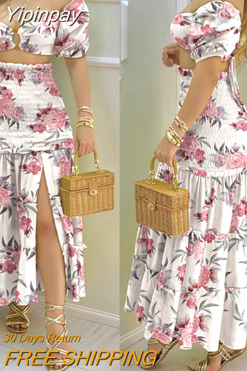 Yipinpay Fashion Holiday Floral Print O Neck Crop Top Shirr +Slit High Waist Women Maxi Skirt Sets 2023 Female Fashion New